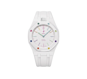 Relógio Swatch x Audemars Piguet Bioceramic Royal Pop 'Huit Blanc' Branco com Pulseira – relógio montado no case com pulseira em borracha, vista frontal