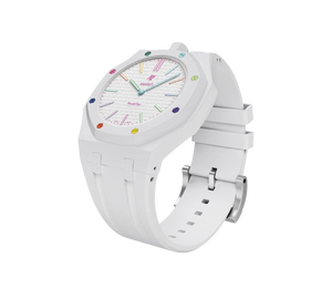 Relógio Swatch x Audemars Piguet Bioceramic Royal Pop 'Huit Blanc' Branco com Pulseira – relógio montado no case com pulseira em borracha, vista 3/4