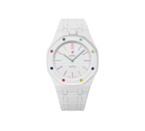 Relógio Swatch x Audemars Piguet Bioceramic Royal Pop 'Huit Blanc' Branco com Pulseira – relógio montado no case com pulseira em bioceramic, vista frontal