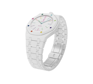 Relógio Swatch x Audemars Piguet Bioceramic Royal Pop 'Huit Blanc' Branco com Pulseira – relógio montado no case com pulseira em bioceramic, vista 3/4
