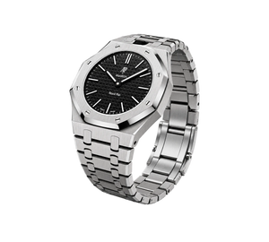 Relógio Swatch x Audemars Piguet Bioceramic Royal Pop 'Ocho Negro' Preto com Pulseira – relógio montado no case full frame com bracelete em aço inoxidável, vista 3/4