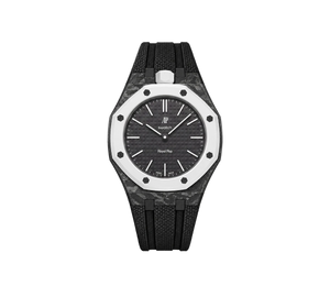 Relógio Swatch x Audemars Piguet Bioceramic Royal Pop 'Ocho Negro' Preto com Pulseira – relógio montado no case de fibra de carbono com pulseira FKM preta, vista frontal