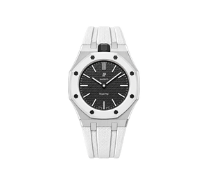 Relógio Swatch x Audemars Piguet Bioceramic Royal Pop 'Ocho Negro' Preto com Pulseira – relógio montado no case em aço inoxidável prata com pulseira FKM branca, vista frontal
