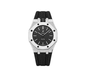 Relógio Swatch x Audemars Piguet Bioceramic Royal Pop 'Ocho Negro' Preto com Pulseira – relógio montado no case em aço inoxidável prata com pulseira FKM preta, vista frontal