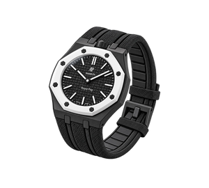 Relógio Swatch x Audemars Piguet Bioceramic Royal Pop 'Ocho Negro' Preto com Pulseira – relógio montado no case em aço inoxidável preto com pulseira FKM preta, vista 3/4