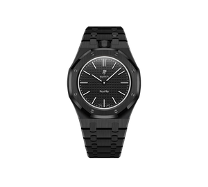 Relógio Swatch x Audemars Piguet Bioceramic Royal Pop 'Ocho Negro' Preto com Pulseira – relógio montado no case full frame com pulseira em aço inoxidável preto, vista frontal