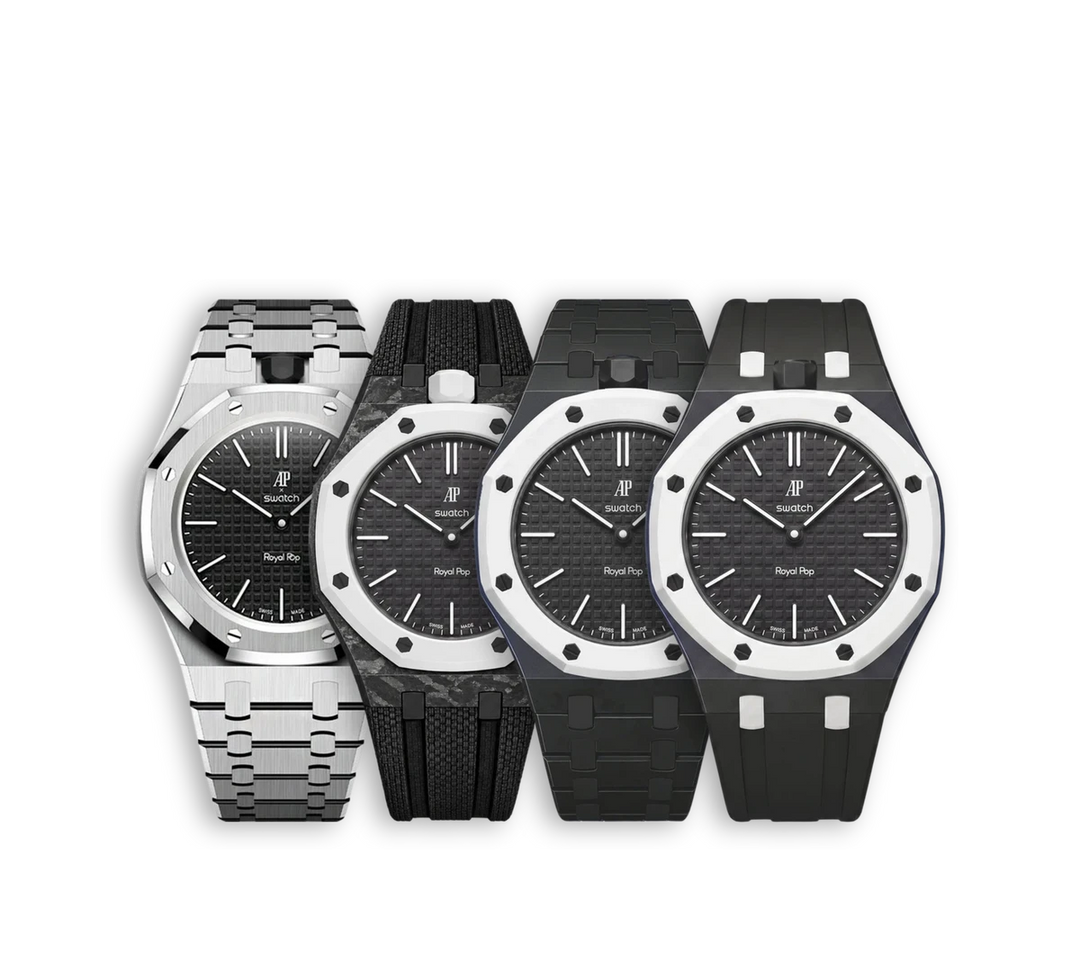 Relógio Swatch x Audemars Piguet Bioceramic Royal Pop 'Ocho Negro' Preto com Pulseira – relógio em quatro versões de pulseira (aço, carbono, bioceramic e borracha), vista frontal