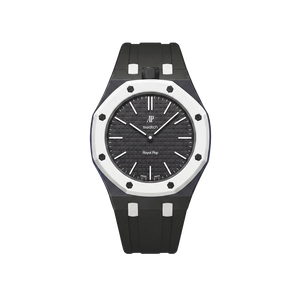 Relógio Swatch x Audemars Piguet Bioceramic Royal Pop 'Ocho Negro' Preto com Pulseira – relógio montado no case com pulseira em borracha, vista frontal