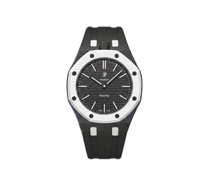 Relógio Swatch x Audemars Piguet Bioceramic Royal Pop 'Ocho Negro' Preto com Pulseira – relógio montado no case com pulseira em borracha, vista frontal