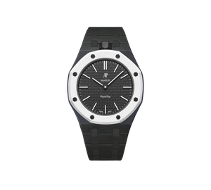 Relógio Swatch x Audemars Piguet Bioceramic Royal Pop 'Ocho Negro' Preto com Pulseira – relógio montado no case com pulseira em bioceramic, vista frontal