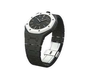 Relógio Swatch x Audemars Piguet Bioceramic Royal Pop 'Ocho Negro' Preto com Pulseira – relógio montado no case com pulseira em bioceramic, vista 3/4