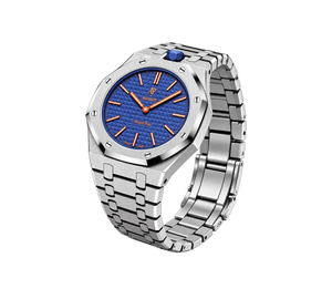 Relógio Swatch x Audemars Piguet Bioceramic Royal Pop 'Orenji Hachi' Azul com Pulseira – relógio montado no case full frame com bracelete em aço inoxidável, vista 3/4