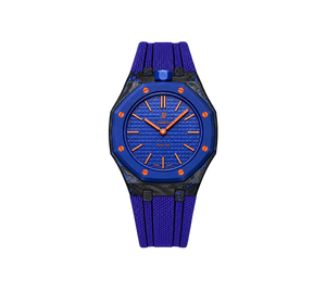 Relógio Swatch x Audemars Piguet Bioceramic Royal Pop 'Orenji Hachi' Azul com Pulseira – relógio montado no case de fibra de carbono com pulseira FKM colorida, vista frontal