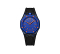 Relógio Swatch x Audemars Piguet Bioceramic Royal Pop 'Orenji Hachi' Azul com Pulseira – relógio montado no case de fibra de carbono com pulseira FKM preta, vista frontal