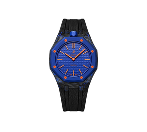 Relógio Swatch x Audemars Piguet Bioceramic Royal Pop 'Orenji Hachi' Azul com Pulseira – relógio montado no case de fibra de carbono com pulseira FKM preta, vista frontal