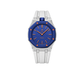 Relógio Swatch x Audemars Piguet Bioceramic Royal Pop 'Orenji Hachi' Azul com Pulseira – relógio montado no case em aço inoxidável prata com pulseira FKM branca, vista frontal
