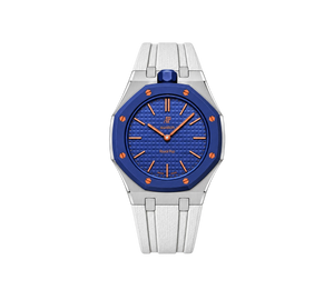 Relógio Swatch x Audemars Piguet Bioceramic Royal Pop 'Orenji Hachi' Azul com Pulseira – relógio montado no case em aço inoxidável prata com pulseira FKM branca, vista frontal