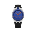 Relógio Swatch x Audemars Piguet Bioceramic Royal Pop 'Orenji Hachi' Azul com Pulseira – relógio montado no case em aço inoxidável prata com pulseira FKM preta, vista frontal