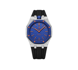 Relógio Swatch x Audemars Piguet Bioceramic Royal Pop 'Orenji Hachi' Azul com Pulseira – relógio montado no case em aço inoxidável prata com pulseira FKM preta, vista frontal