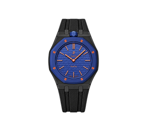 Relógio Swatch x Audemars Piguet Bioceramic Royal Pop 'Orenji Hachi' Azul com Pulseira – relógio montado no case em aço inoxidável preto com pulseira FKM preta, vista frontal