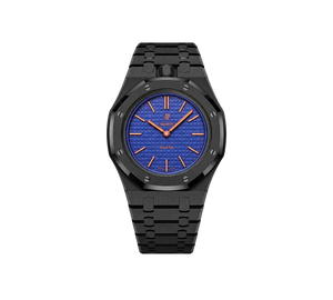 Relógio Swatch x Audemars Piguet Bioceramic Royal Pop 'Orenji Hachi' Azul com Pulseira – relógio montado no case full frame com pulseira em aço inoxidável preto, vista frontal
