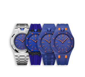 Relógio Swatch x Audemars Piguet Bioceramic Royal Pop 'Orenji Hachi' Azul com Pulseira – relógio em quatro versões de pulseira (aço, carbono, bioceramic e borracha), vista frontal