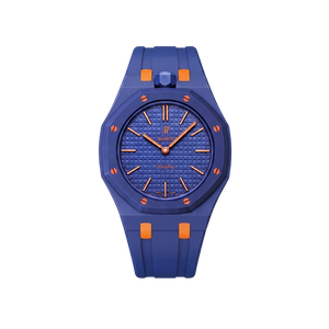 Relógio Swatch x Audemars Piguet Bioceramic Royal Pop 'Orenji Hachi' Azul com Pulseira – relógio montado no case com pulseira em borracha, vista frontal