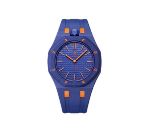 Relógio Swatch x Audemars Piguet Bioceramic Royal Pop 'Orenji Hachi' Azul com Pulseira – relógio montado no case com pulseira em borracha, vista frontal