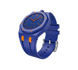 Relógio Swatch x Audemars Piguet Bioceramic Royal Pop 'Orenji Hachi' Azul com Pulseira – relógio montado no case com pulseira em borracha, vista 3/4