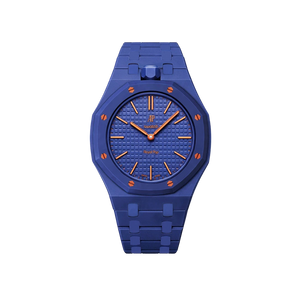Relógio Swatch x Audemars Piguet Bioceramic Royal Pop 'Orenji Hachi' Azul com Pulseira – relógio montado no case com pulseira em bioceramic, vista frontal