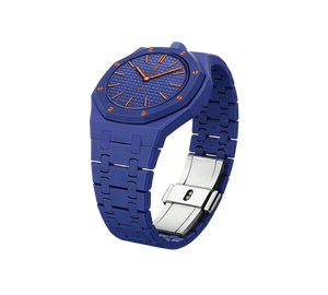 Relógio Swatch x Audemars Piguet Bioceramic Royal Pop 'Orenji Hachi' Azul com Pulseira – relógio montado no case com pulseira em bioceramic, vista 3/4