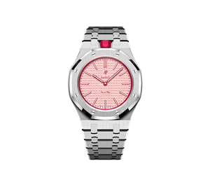 Relógio Swatch x Audemars Piguet Bioceramic Royal Pop 'Otto Rosso' Rosa / Vermelho com Pulseira – relógio montado no case full frame com bracelete em aço inoxidável, vista frontal