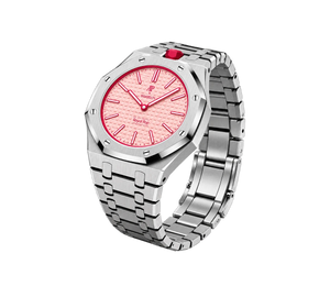 Relógio Swatch x Audemars Piguet Bioceramic Royal Pop 'Otto Rosso' Rosa / Vermelho com Pulseira – relógio montado no case full frame com bracelete em aço inoxidável, vista 3/4