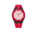 Relógio Swatch x Audemars Piguet Bioceramic Royal Pop 'Otto Rosso' Rosa / Vermelho com Pulseira – relógio montado no case de fibra de carbono com pulseira FKM colorida, vista frontal