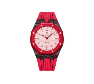 Relógio Swatch x Audemars Piguet Bioceramic Royal Pop 'Otto Rosso' Rosa / Vermelho com Pulseira – relógio montado no case de fibra de carbono com pulseira FKM colorida, vista frontal