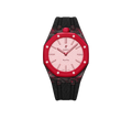 Relógio Swatch x Audemars Piguet Bioceramic Royal Pop 'Otto Rosso' Rosa / Vermelho com Pulseira – relógio montado no case de fibra de carbono com pulseira FKM preta, vista frontal