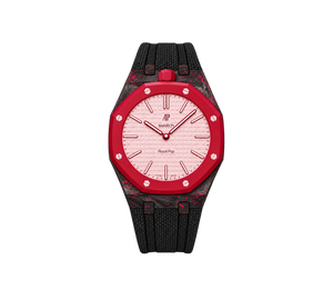 Relógio Swatch x Audemars Piguet Bioceramic Royal Pop 'Otto Rosso' Rosa / Vermelho com Pulseira – relógio montado no case de fibra de carbono com pulseira FKM preta, vista frontal