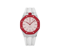 Relógio Swatch x Audemars Piguet Bioceramic Royal Pop 'Otto Rosso' Rosa / Vermelho com Pulseira – relógio montado no case em aço inoxidável prata com pulseira FKM branca, vista frontal