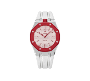 Relógio Swatch x Audemars Piguet Bioceramic Royal Pop 'Otto Rosso' Rosa / Vermelho com Pulseira – relógio montado no case em aço inoxidável prata com pulseira FKM branca, vista frontal
