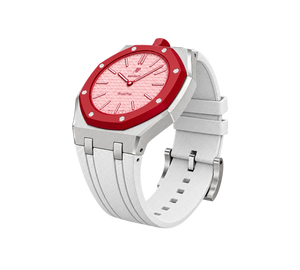 Relógio Swatch x Audemars Piguet Bioceramic Royal Pop 'Otto Rosso' Rosa / Vermelho com Pulseira – relógio montado no case em aço inoxidável prata com pulseira FKM branca, vista 3/4