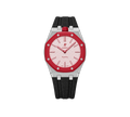 Relógio Swatch x Audemars Piguet Bioceramic Royal Pop 'Otto Rosso' Rosa / Vermelho com Pulseira – relógio montado no case em aço inoxidável prata com pulseira FKM preta, vista frontal