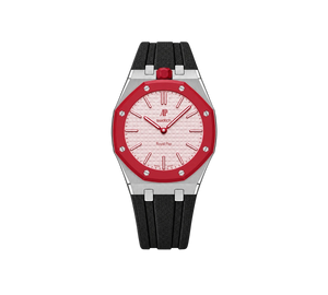 Relógio Swatch x Audemars Piguet Bioceramic Royal Pop 'Otto Rosso' Rosa / Vermelho com Pulseira – relógio montado no case em aço inoxidável prata com pulseira FKM preta, vista frontal