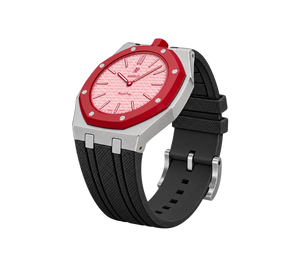 Relógio Swatch x Audemars Piguet Bioceramic Royal Pop 'Otto Rosso' Rosa / Vermelho com Pulseira – relógio montado no case em aço inoxidável prata com pulseira FKM preta, vista 3/4