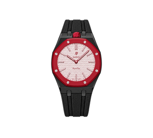 Relógio Swatch x Audemars Piguet Bioceramic Royal Pop 'Otto Rosso' Rosa / Vermelho com Pulseira – relógio montado no case em aço inoxidável preto com pulseira FKM preta, vista frontal