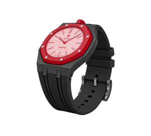 Relógio Swatch x Audemars Piguet Bioceramic Royal Pop 'Otto Rosso' Rosa / Vermelho com Pulseira – relógio montado no case em aço inoxidável preto com pulseira FKM preta, vista 3/4