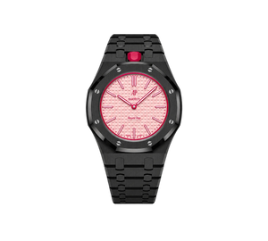 Relógio Swatch x Audemars Piguet Bioceramic Royal Pop 'Otto Rosso' Rosa / Vermelho com Pulseira – relógio montado no case full frame com pulseira em aço inoxidável preto, vista frontal
