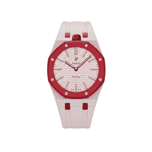 Relógio Swatch x Audemars Piguet Bioceramic Royal Pop 'Otto Rosso' Rosa / Vermelho com Pulseira – relógio montado no case com pulseira em borracha, vista frontal