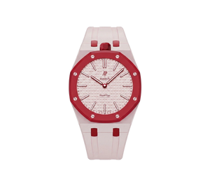 Relógio Swatch x Audemars Piguet Bioceramic Royal Pop 'Otto Rosso' Rosa / Vermelho com Pulseira – relógio montado no case com pulseira em borracha, vista frontal
