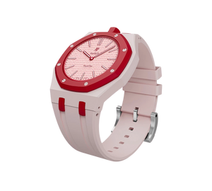 Relógio Swatch x Audemars Piguet Bioceramic Royal Pop 'Otto Rosso' Rosa / Vermelho com Pulseira – relógio montado no case com pulseira em borracha, vista 3/4