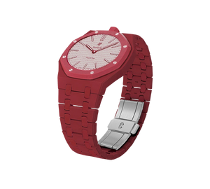 Relógio Swatch x Audemars Piguet Bioceramic Royal Pop 'Otto Rosso' Rosa / Vermelho com Pulseira – relógio montado no case com pulseira em bioceramic, vista 3/4
